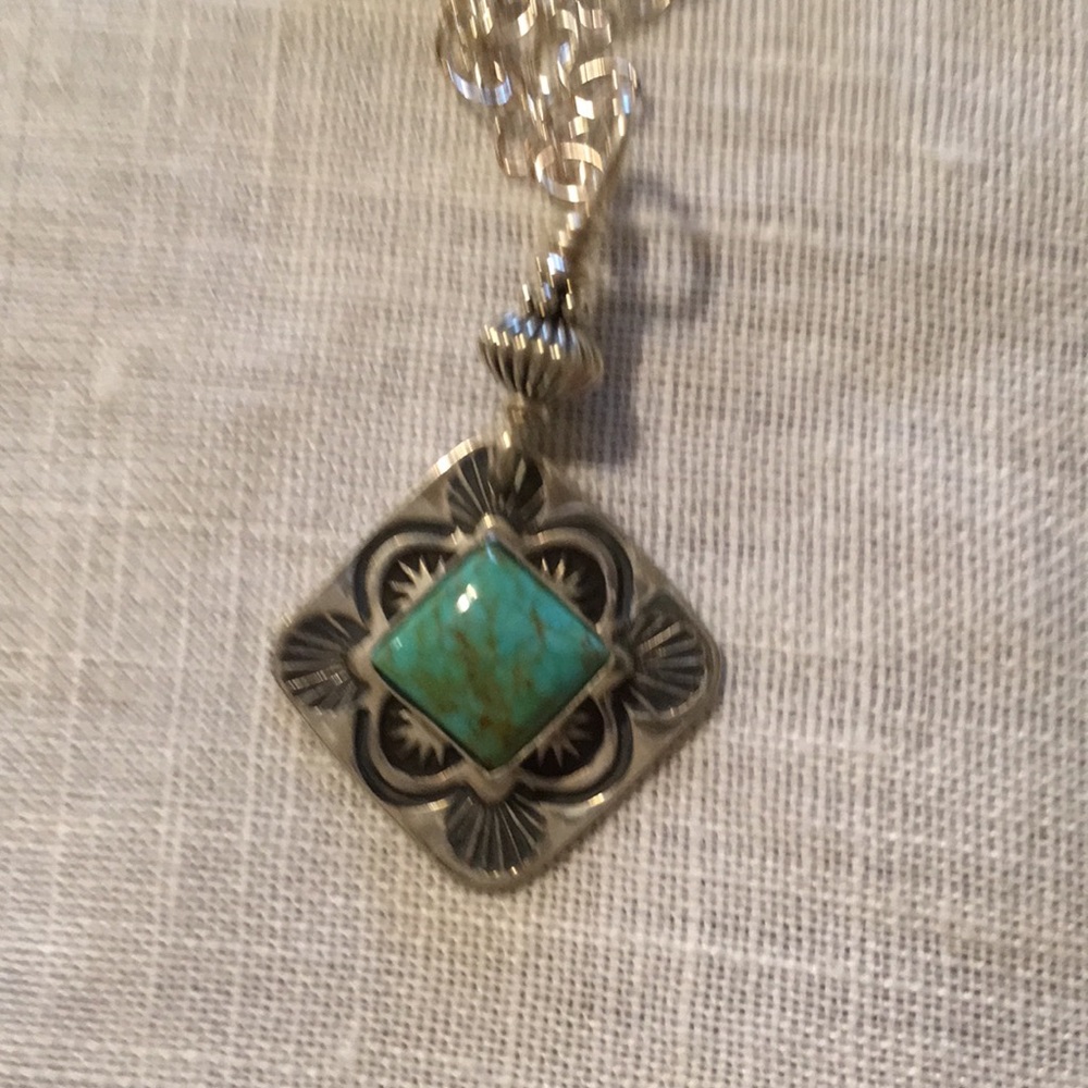 Turquoise and silver necklace.  18” chain.